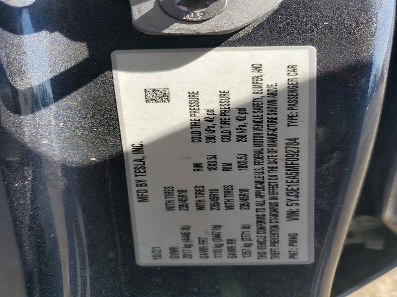 49295036 :رقم المزاد ، 5YJ3E1EA5MF092784 vin ، 2021 Tesla Model 3 مزاد بيع
