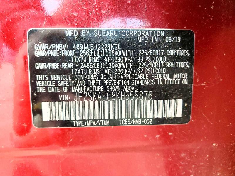 50431446 :رقم المزاد ، JF2SKAEC8KH555876 vin ، 2019 Subaru Forester مزاد بيع