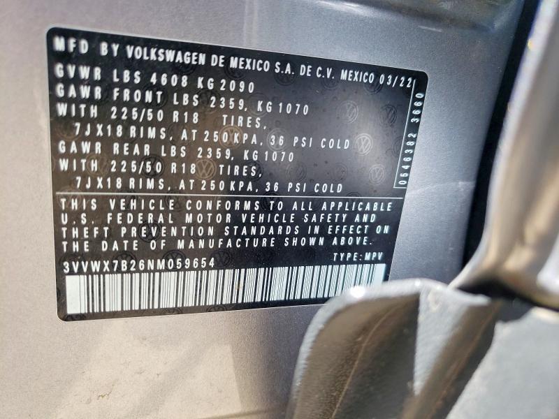 48734286 :رقم المزاد ، 3VVWX7B26NM059654 vin ، 2022 Volkswagen Taos مزاد بيع