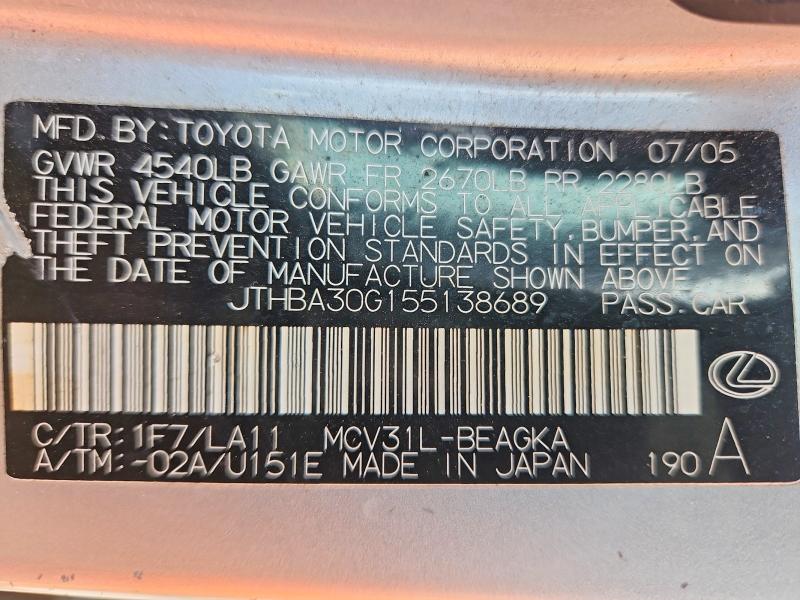 Продаж на аукціоні авто 2005 Lexus Es, vin: JTHBA30G155138689, номер лоту: 49903406