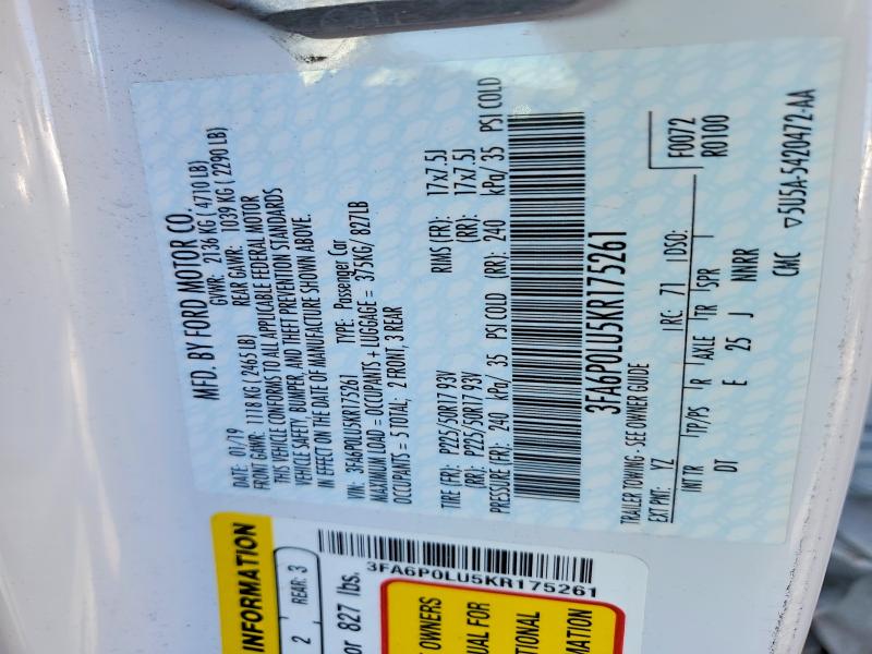 2019 Ford Fusion მანქანა იყიდება აუქციონზე, vin: 3FA6P0LU5KR175261, აუქციონის ნომერი: 49032436