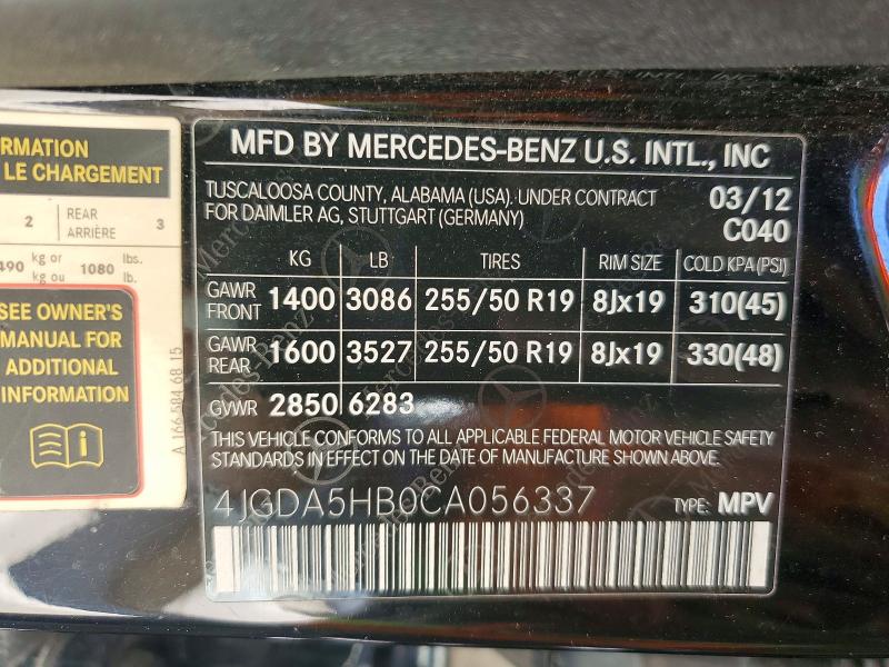 Продаж на аукціоні авто 2012 Mercedes-benz Ml, vin: 4JGDA5HB0CA056337, номер лоту: 48412696