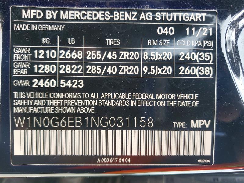 Aukcja sprzedaży 2022 Mercedes-benz Glc, vin: W1N0G6EB1NG031158, numer aukcji: 49812296