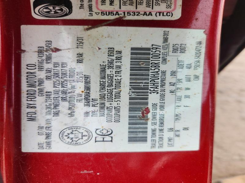 51152236 :رقم المزاد ، 3FAHP0HA5BR100597 vin ، 2011 Ford Fusion مزاد بيع
