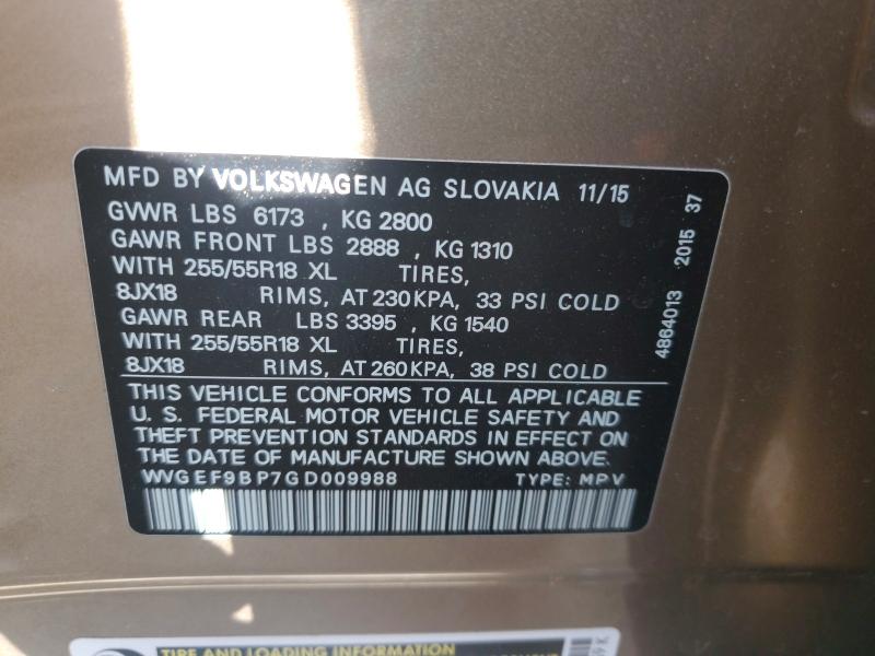 Auction sale of the 2016 Volkswagen Touareg, vin: WVGEF9BP7GD009988, lot number: 50786546