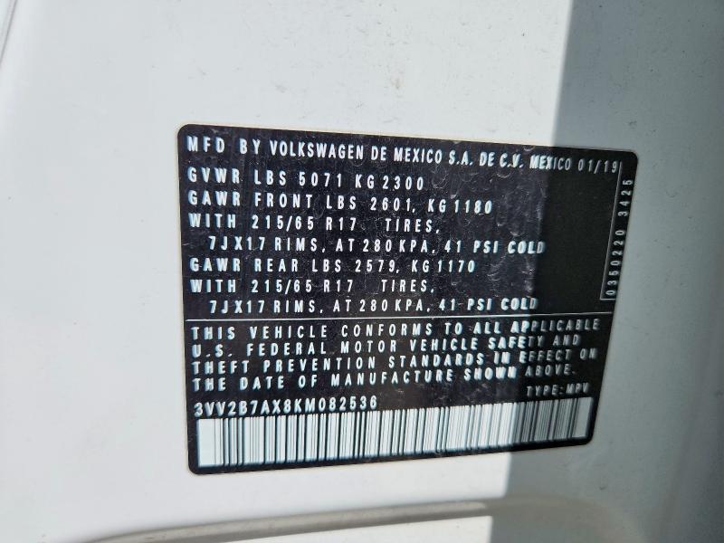 2019 Volkswagen Tiguan მანქანა იყიდება აუქციონზე, vin: 3VV2B7AX8KM082536, აუქციონის ნომერი: 51158266