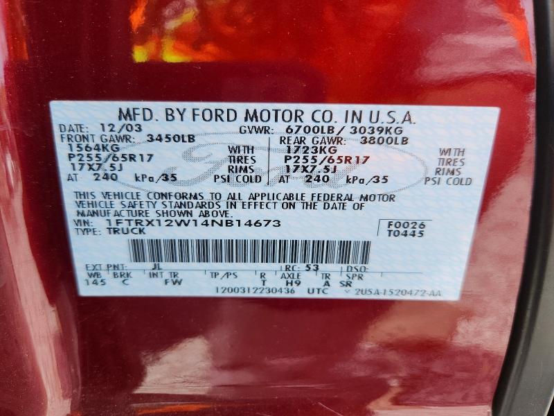 2004 Ford F150 მანქანა იყიდება აუქციონზე, vin: 1FTRX12W14NB14673, აუქციონის ნომერი: 50959416
