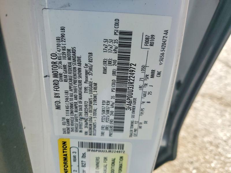 2018 Ford Fusion მანქანა იყიდება აუქციონზე, vin: 3FA6P0UU3JR224972, აუქციონის ნომერი: 50134426