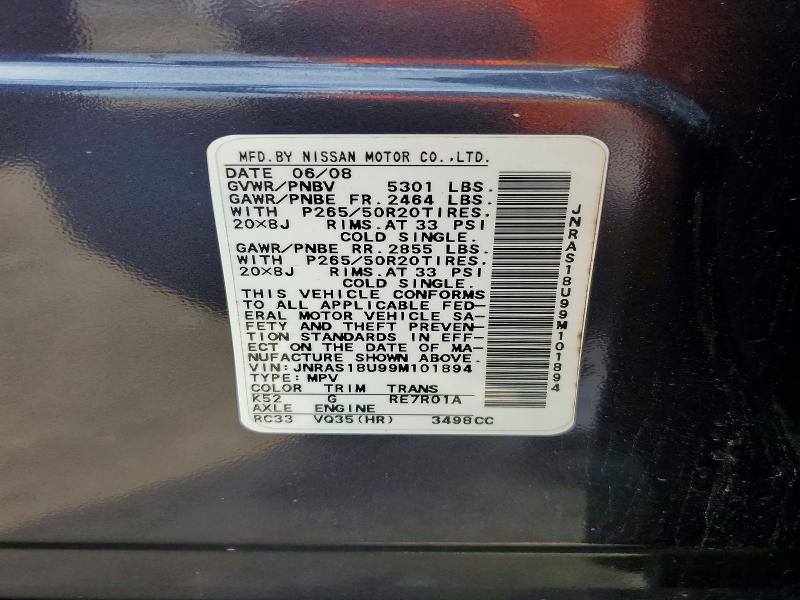 49925066 :رقم المزاد ، JNRAS18U99M101894 vin ، 2009 Infiniti Fx35 مزاد بيع