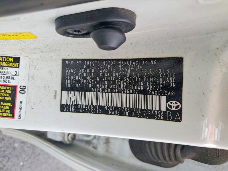 2015 Toyota Corolla მანქანა იყიდება აუქციონზე, vin: 5YFBURHE5FP246932, აუქციონის ნომერი: 50564386