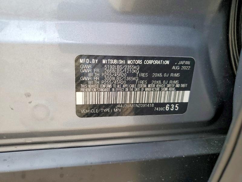 49564666 :رقم المزاد ، JA4J3VA81NZ091418 vin ، 2022 Mitsubishi Outlander مزاد بيع