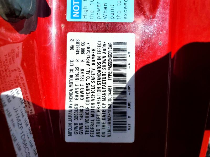 Aukcja sprzedaży 2012 Honda Cr-z, vin: JHMZF1D68CS004461, numer aukcji: 51984456