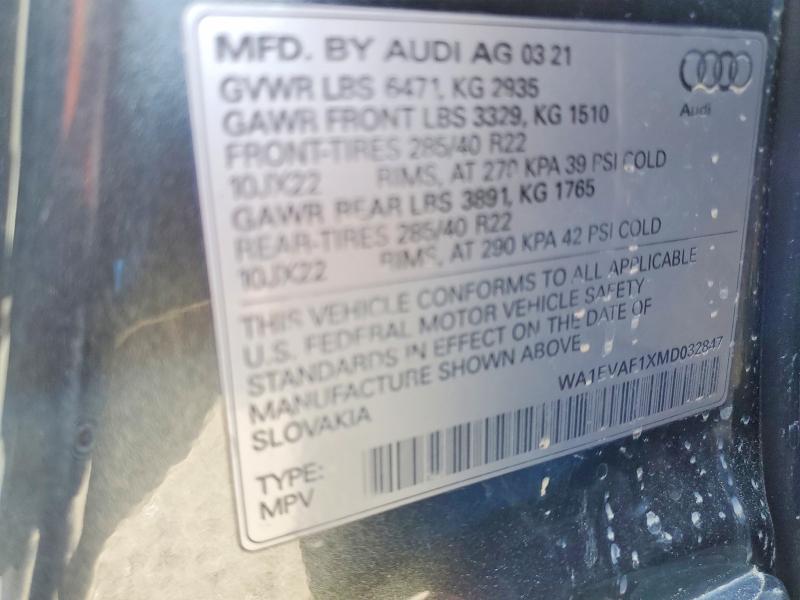 48613116 :رقم المزاد ، WA1EVAF1XMD032847 vin ، 2021 Audi Q8 مزاد بيع