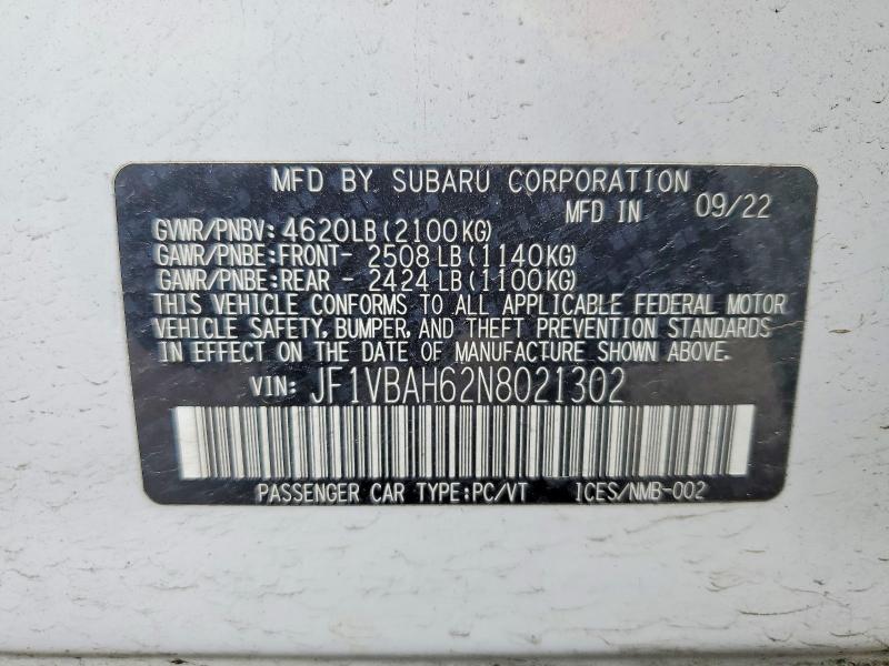50905186 :رقم المزاد ، JF1VBAH62N8021302 vin ، 2022 Subaru Wrx مزاد بيع