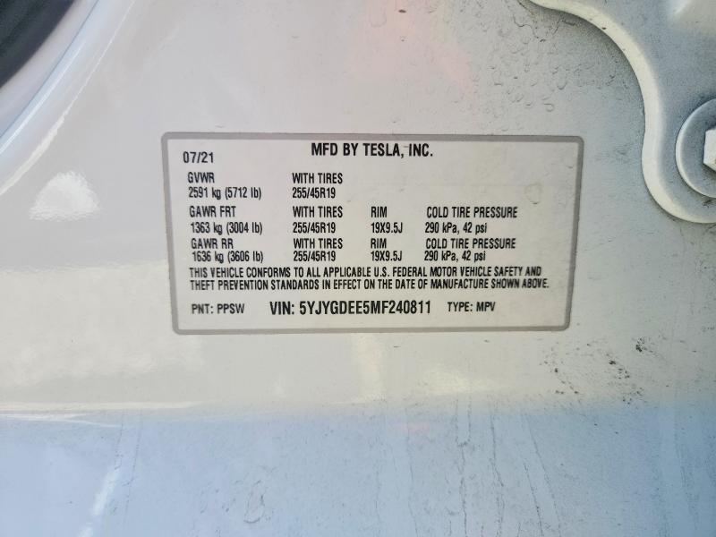 2021 Tesla Model Y მანქანა იყიდება აუქციონზე, vin: 5YJYGDEE5MF240811, აუქციონის ნომერი: 48530556
