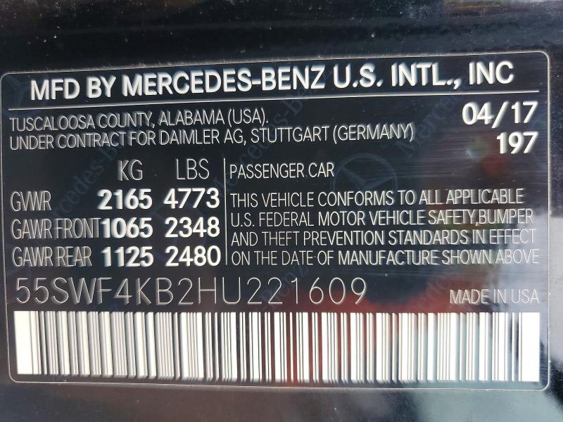 Продаж на аукціоні авто 2017 Mercedes-benz C, vin: 55SWF4KB2HU221609, номер лоту: 48770206