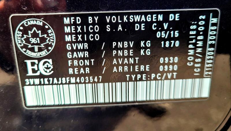 Aukcja sprzedaży 2015 Volkswagen Jetta, vin: 3VW1K7AJ8FM403547, numer aukcji: 51025076