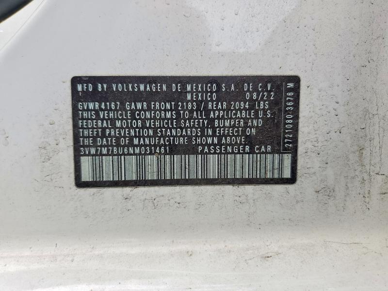 Auction sale of the 2022 Volkswagen Jetta, vin: 3VW7M7BU6NM031461, lot number: 50815906
