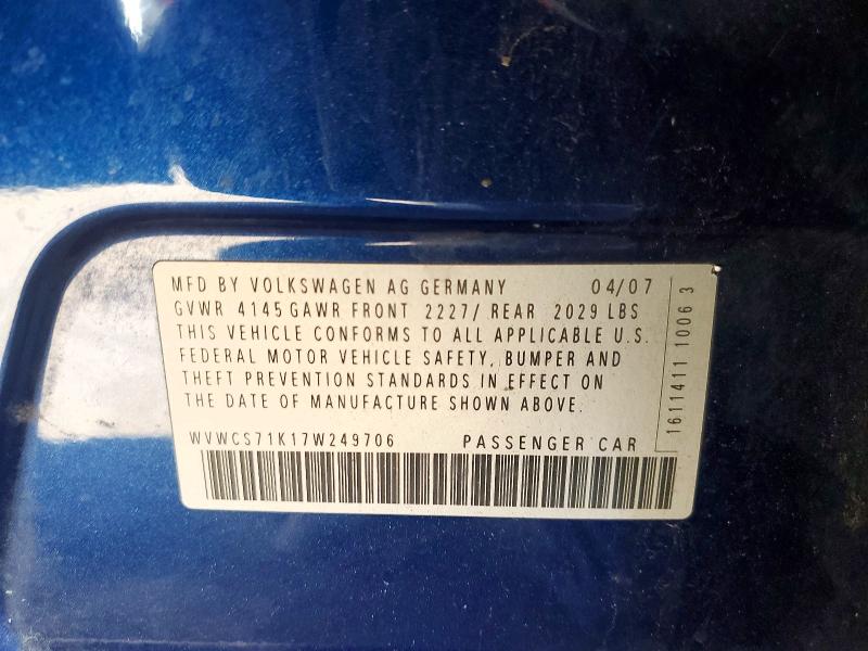 2007 Volkswagen Rabbit მანქანა იყიდება აუქციონზე, vin: WVWCS71K17W249706, აუქციონის ნომერი: 51548576