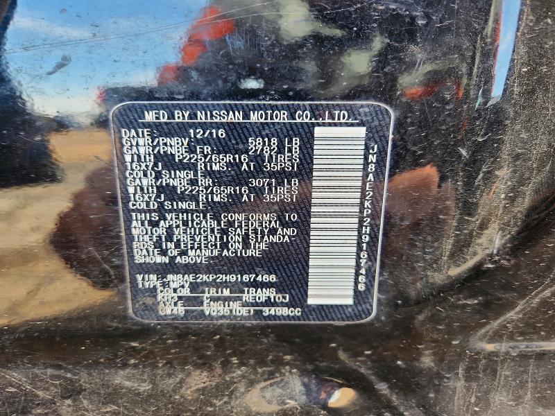 48957176 :رقم المزاد ، JN8AE2KP2H9167466 vin ، 2017 Nissan Quest مزاد بيع