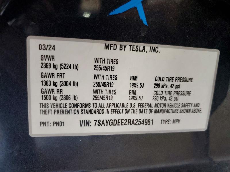 76751455 :رقم المزاد ، 7SAYGDEE2RA254981 vin ، 2024 Tesla Model Y مزاد بيع