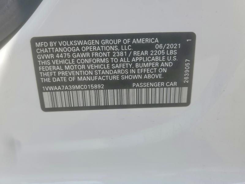 47849206 :رقم المزاد ، 1VWAA7A39MC015892 vin ، 2021 Volkswagen Passat مزاد بيع