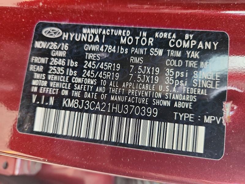 49564726 :رقم المزاد ، KM8J3CA21HU370399 vin ، 2017 Hyundai Tucson مزاد بيع