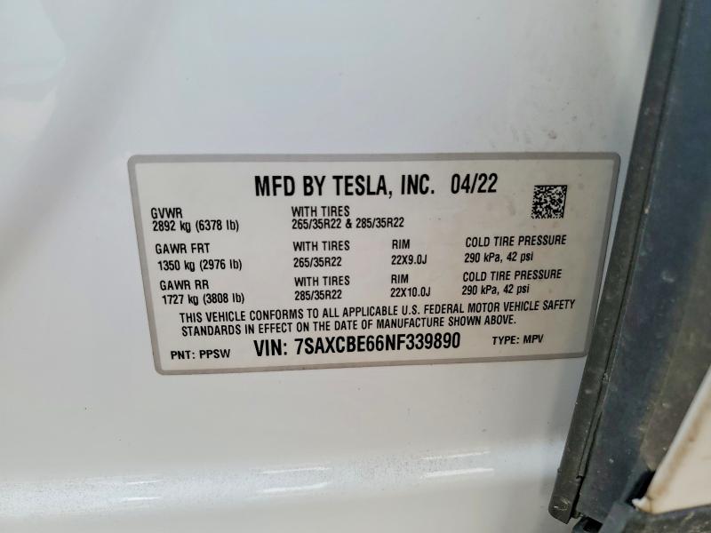 51100766 :رقم المزاد ، 7SAXCBE66NF339890 vin ، 2022 Tesla Model X مزاد بيع
