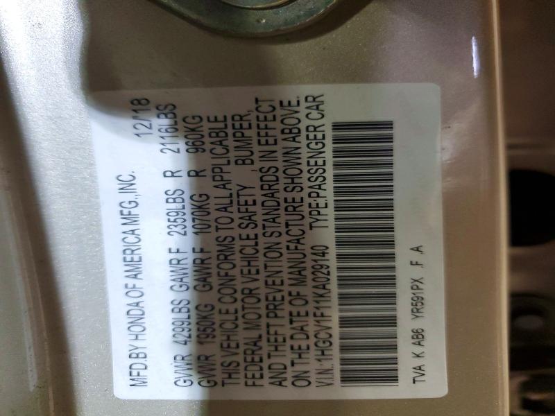 Aukcja sprzedaży 2019 Honda Accord, vin: 1HGCV1F11KA029140, numer aukcji: 48901876