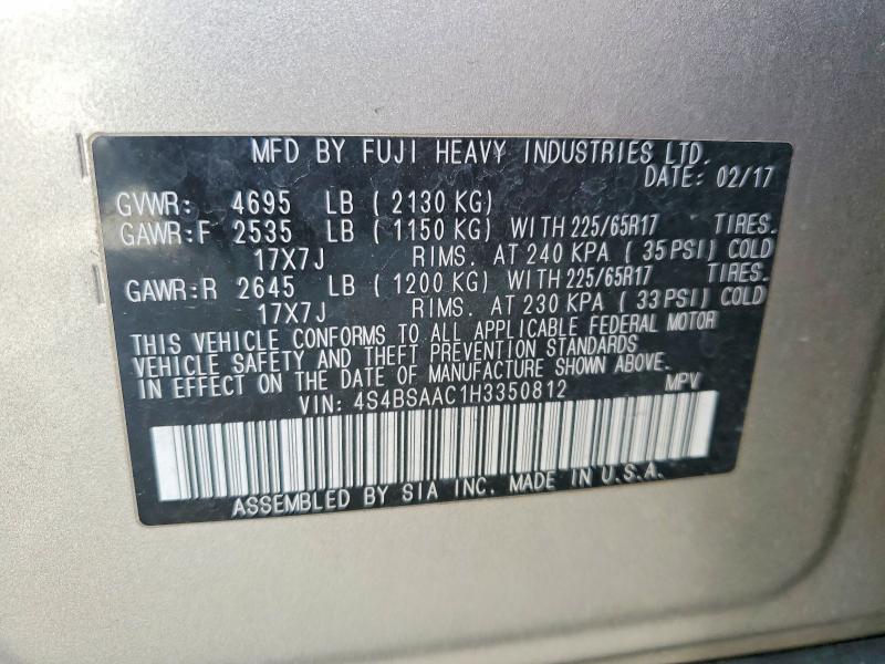 2017 Subaru Outback მანქანა იყიდება აუქციონზე, vin: 4S4BSAAC1H3350812, აუქციონის ნომერი: 50608866