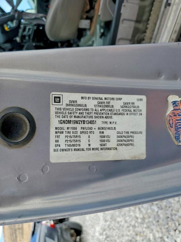 Продаж на аукціоні авто 2000 Chevrolet Astro, vin: 1GNDM19W2YB134051, номер лоту: 52006376