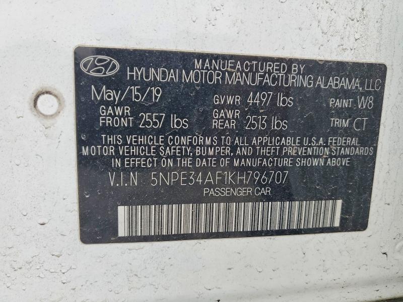 2019 Hyundai Sonata მანქანა იყიდება აუქციონზე, vin: 5NPE34AF1KH796707, აუქციონის ნომერი: 48833166