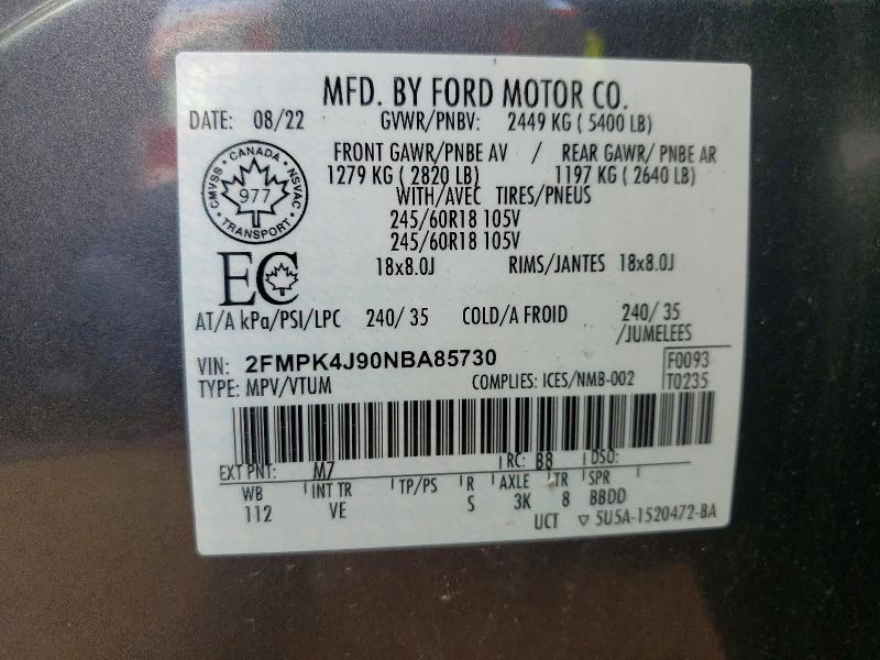 48425456 :رقم المزاد ، 2FMPK4J90NBA85730 vin ، 2022 Ford Edge مزاد بيع