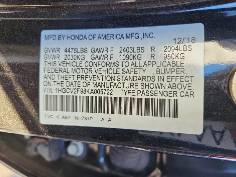 2019 Honda Accord მანქანა იყიდება აუქციონზე, vin: 1HGCV2F98KA005722, აუქციონის ნომერი: 47396446