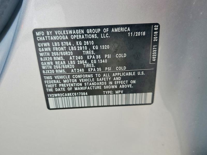 48416946 :رقم المزاد ، 1V2WR2CA8KC517384 vin ، 2019 Volkswagen Atlas مزاد بيع