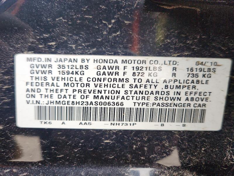 51015356 :رقم المزاد ، JHMGE8H23AS006366 vin ، 2010 Honda Fit مزاد بيع