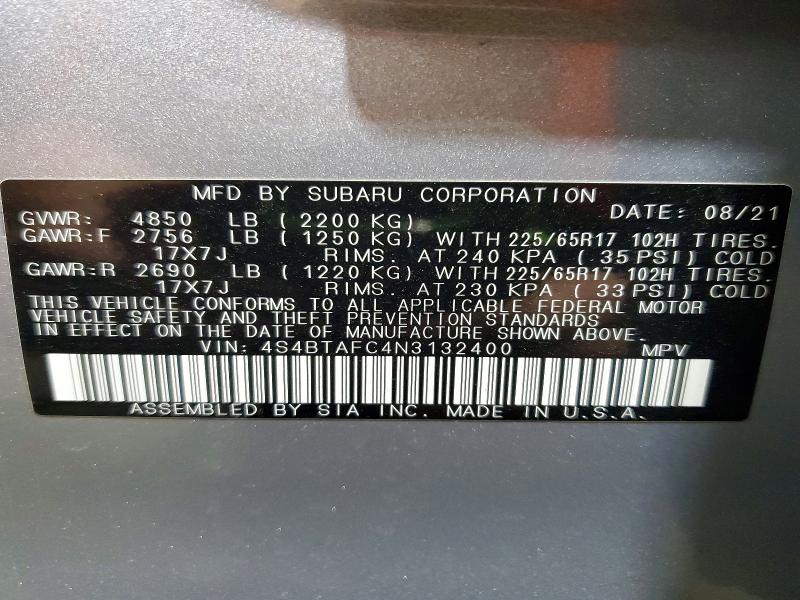 49443546 :رقم المزاد ، 4S4BTAFC4N3132400 vin ، 2022 Subaru Outback مزاد بيع
