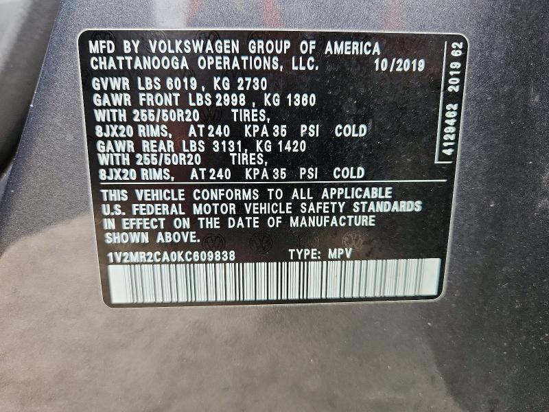49567866 :رقم المزاد ، 1V2MR2CA0KC609838 vin ، 2019 Volkswagen Atlas مزاد بيع