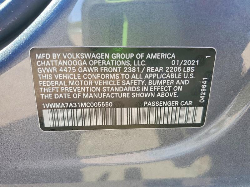 50797086 :رقم المزاد ، 1VWMA7A31MC005550 vin ، 2020 Volkswagen Passat مزاد بيع
