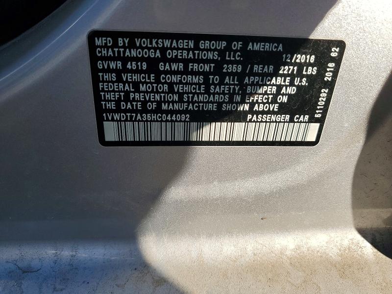 Продаж на аукціоні авто 2017 Volkswagen Passat, vin: 1VWDT7A35HC044092, номер лоту: 49127786