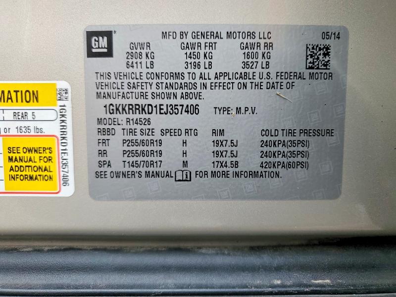 51269926 :رقم المزاد ، 1GKKRRKD1EJ357406 vin ، 2014 Gmc Acadia مزاد بيع