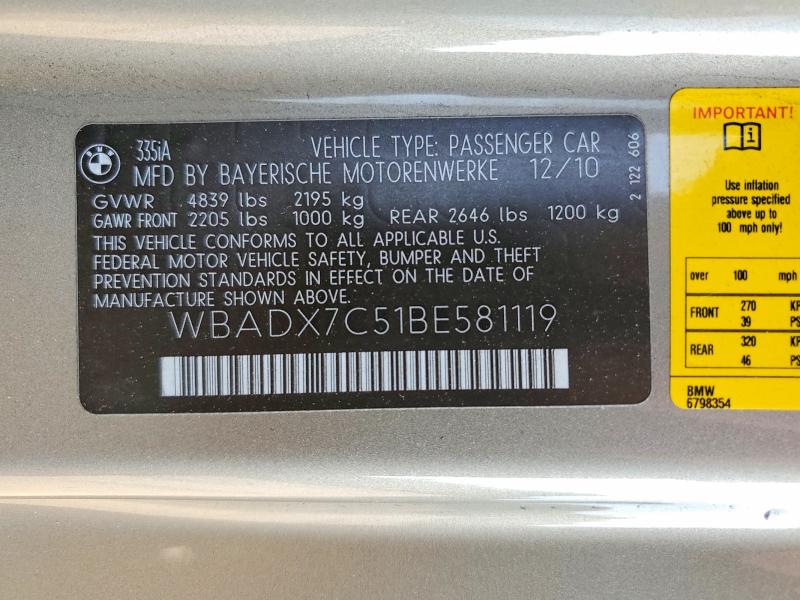 2011 Bmw 335 მანქანა იყიდება აუქციონზე, vin: WBADX7C51BE581119, აუქციონის ნომერი: 50905496