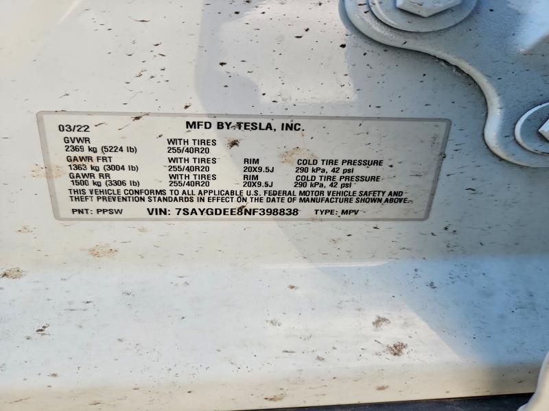 Продажа на аукционе авто 2022 Tesla Model Y, vin: 7SAYGDEE8NF398838, номер лота: 49570226