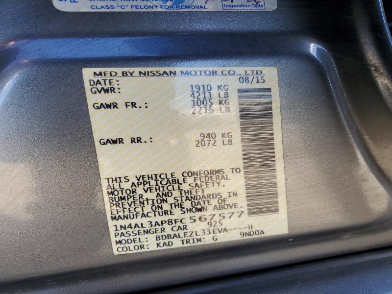 Продажа на аукционе авто 2015 Nissan Altima, vin: 1N4AL3AP8FC567577, номер лота: 49159726