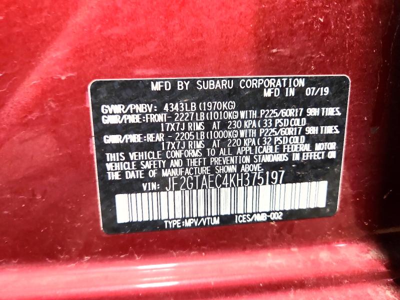 51124236 :رقم المزاد ، JF2GTAEC4KH375197 vin ، 2019 Subaru Crosstrek مزاد بيع