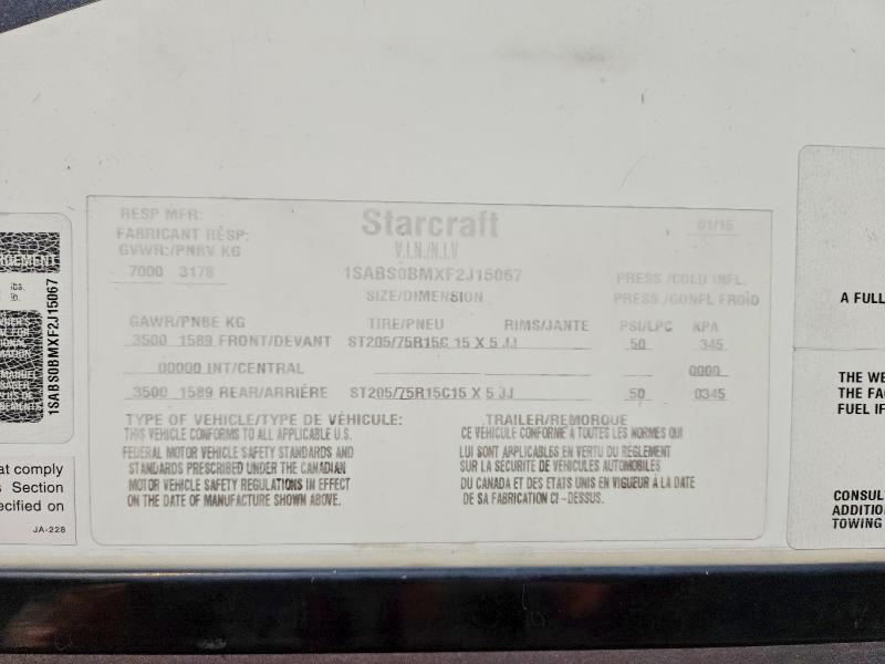 Продажа на аукционе авто 2015 Starcraft Trave244ds, vin: 1SABS0BMXF2J15067, номер лота: 49219986