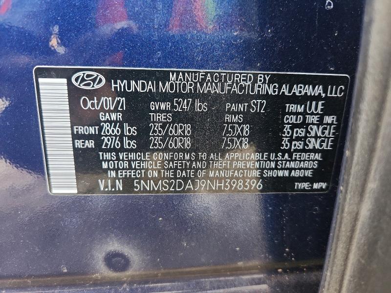 Продаж на аукціоні авто 2022 Hyundai Santa Fe, vin: 5NMS2DAJ9NH398396, номер лоту: 49810196