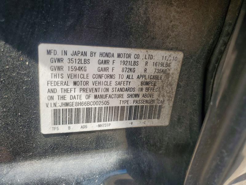 Aukcja sprzedaży 2011 Honda Fit, vin: JHMGE8H66BC002505, numer aukcji: 49797806