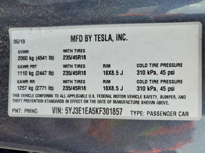 Aukcja sprzedaży 2019 Tesla Model 3, vin: 5YJ3E1EA5KF301857, numer aukcji: 50284096