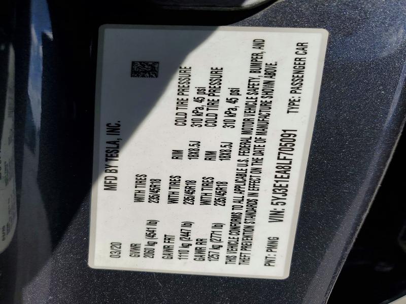 Продажа на аукционе авто 2020 Tesla Model 3, vin: 5YJ3E1EA8LF705091, номер лота: 49990526